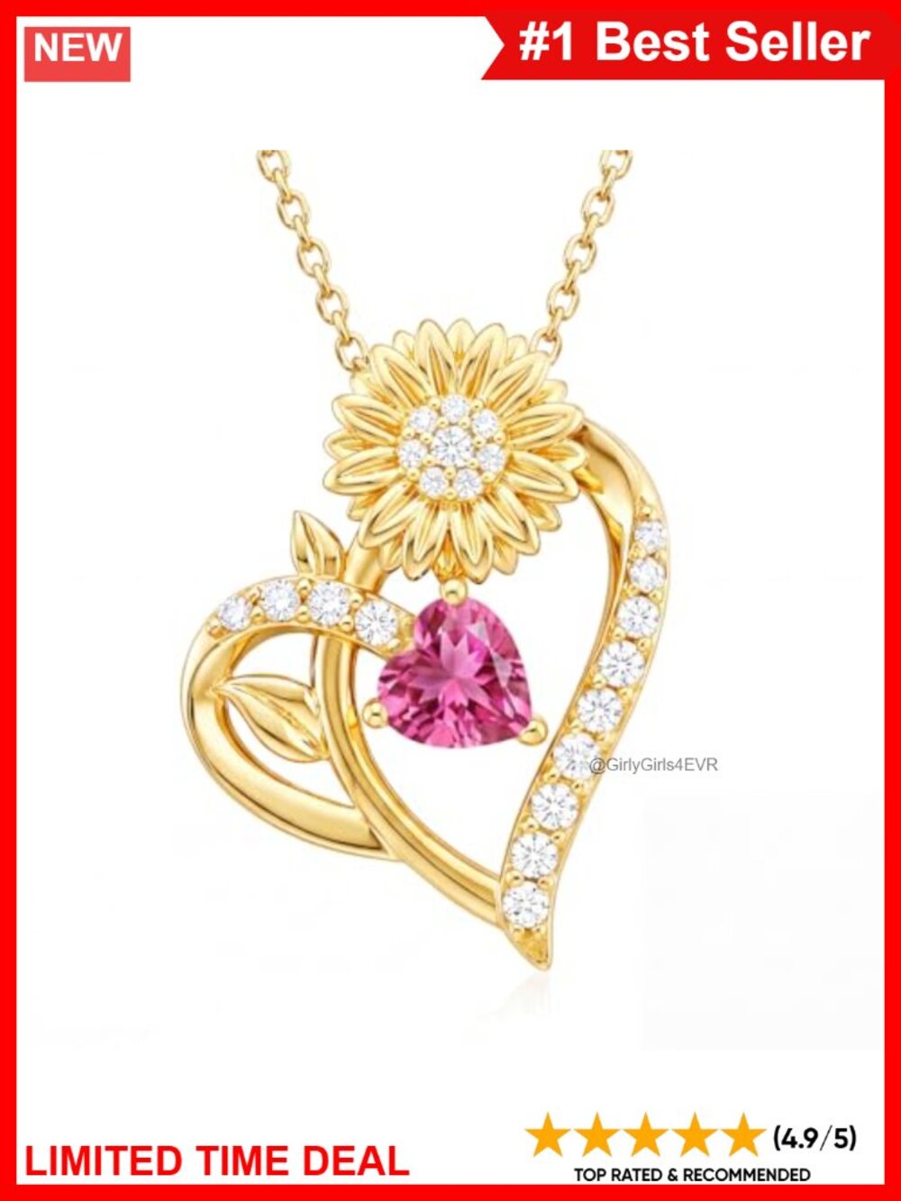 925 Sterling Silver Birthstone Sunflower Heart Pendant Necklace with 14k Gold